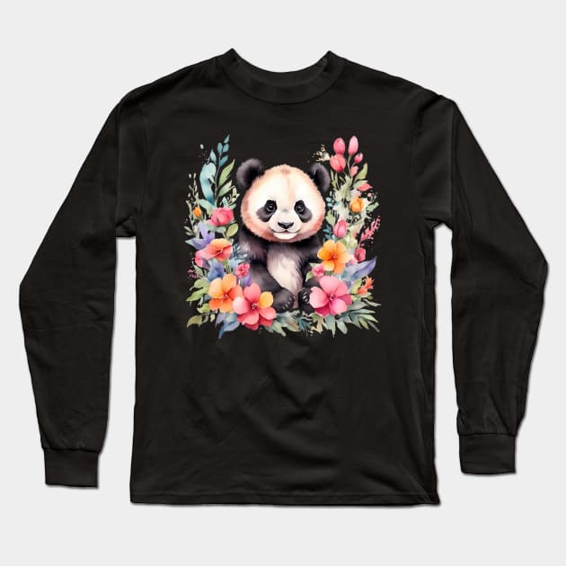 A panda bear decorated with beautiful watercolor flowers Long Sleeve T-Shirt by CreativeSparkzz